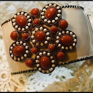 Bangle bracelet coral, cream and gold enamel